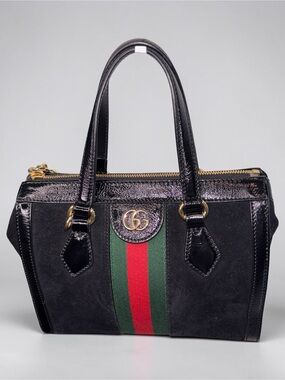 Gucci Ophidia Black Suede & Patent Leather Satchel with Green-Red Web with Dusty